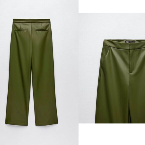 Zara olive green faux leather full length high waisted pants Sz S NWT bloggers - Picture 2 of 16